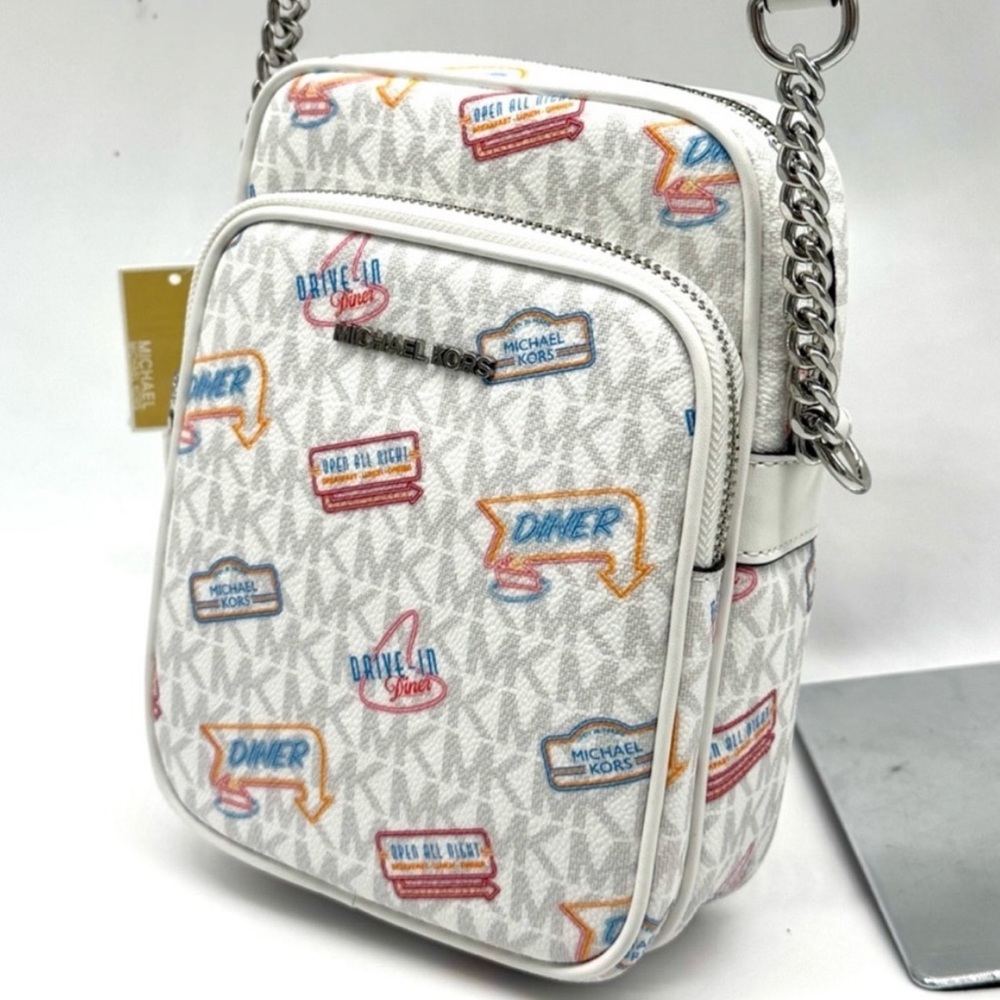 Michael Kors Jet Set Medium Printed Signature Logo Crossbody Bag Optic White